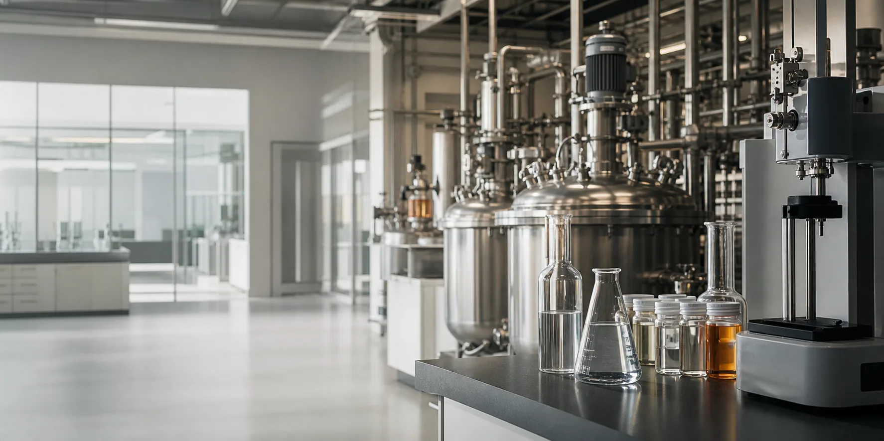 Specialty chemicals production laboratory with stainless steel mixing vessels and quality control samples
